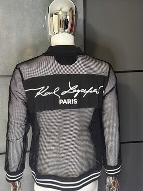 Karl Lagerfeld Black Mesh Bomber Jacket with White Logo